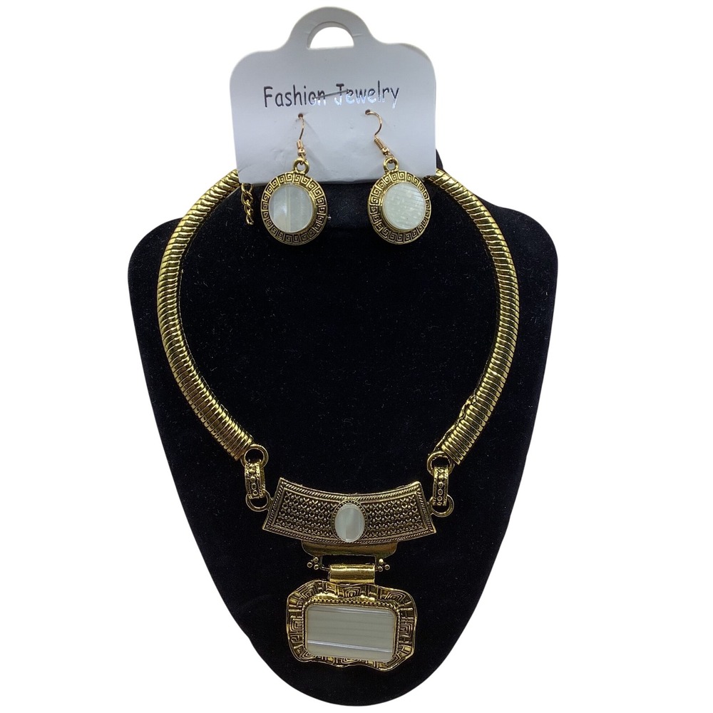 Gold Tone Egyptian Style Statement Necklace Earring Set Faux Mother of Pearl